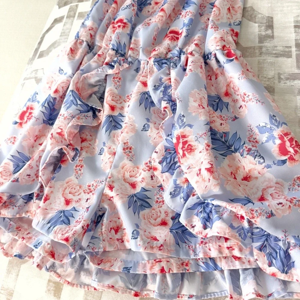 Nicole Miller sleeveless girl cold shoulder ruffle  romper blue pink size 10